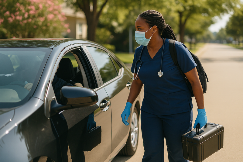 Certified mobile compliance collector wearing Droplet Vault scrubs